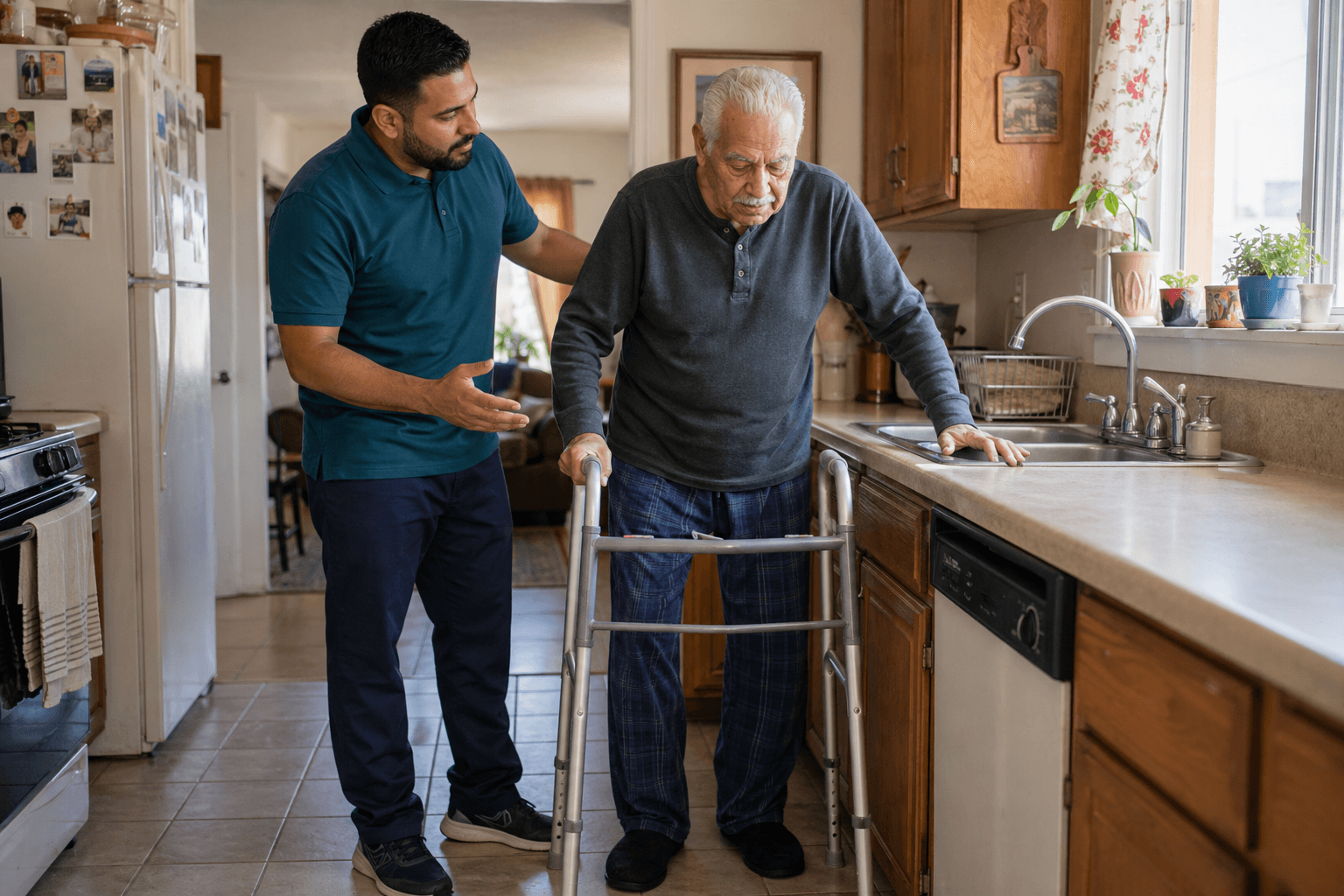 Male home health therapist supporting an older male patient standing with a walker in a home kitchen